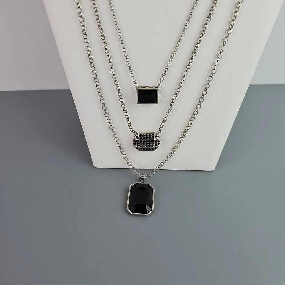 3 Layered Chain Necklace Black Theme Pendants Silver Tone 22 26 30 inch